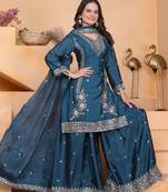 Teal festive wear designer chinon sequence embroidery work readymade suit