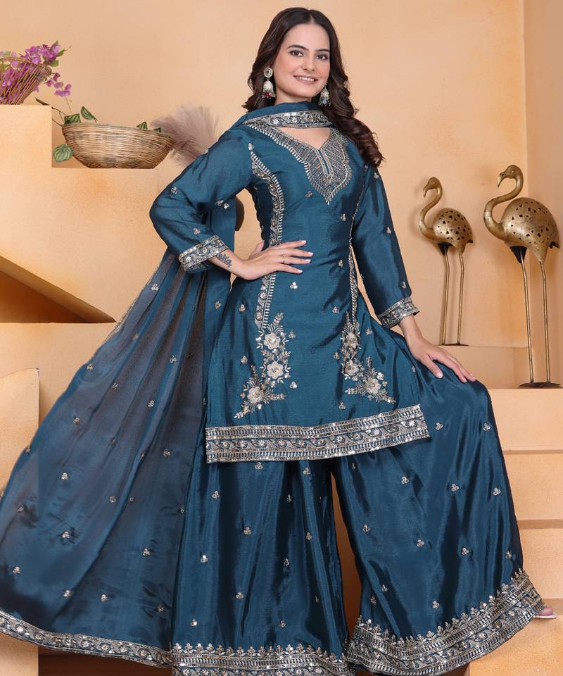 Teal festive wear designer chinon sequence embroidery work readymade suit