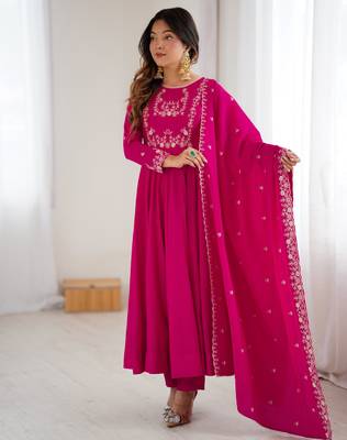 Rani pink festive wear designer heavy pure roman shimmer chanderi silk embroidery work readymade suit 1