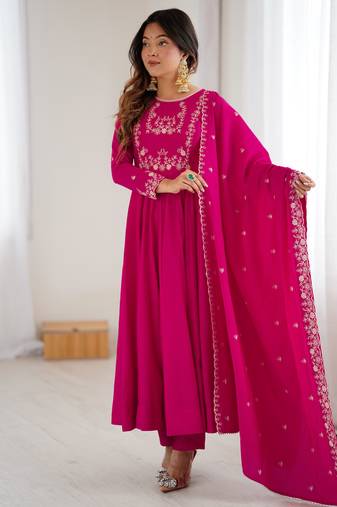 Rani pink festive wear designer heavy pure roman shimmer chanderi silk embroidery work readymade suit