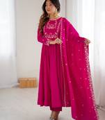 Rani pink festive wear designer heavy pure roman shimmer chanderi silk embroidery work readymade suit
