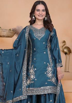Teal festive wear designer chinon sequence embroidery work readymade suit 3