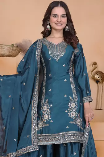 Teal festive wear designer chinon sequence embroidery work readymade suit