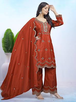 Red festive wear designer natural crepe sequence embroidery work readymade suit 1