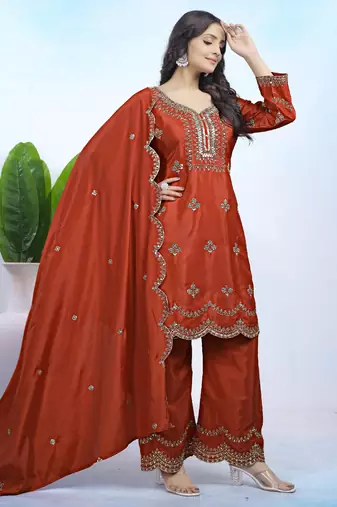 Red festive wear designer natural crepe sequence embroidery work readymade suit