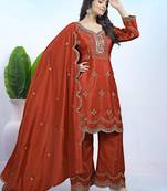 Red festive wear designer natural crepe sequence embroidery work readymade suit