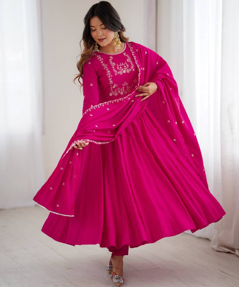 Rani pink festive wear designer heavy pure roman shimmer chanderi silk embroidery work readymade suit