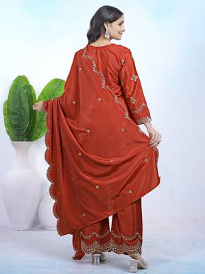 Red festive wear designer natural crepe sequence embroidery work readymade suit 2