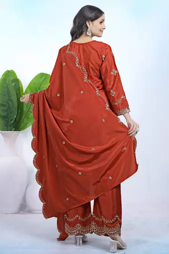 Red festive wear designer natural crepe sequence embroidery work readymade suit