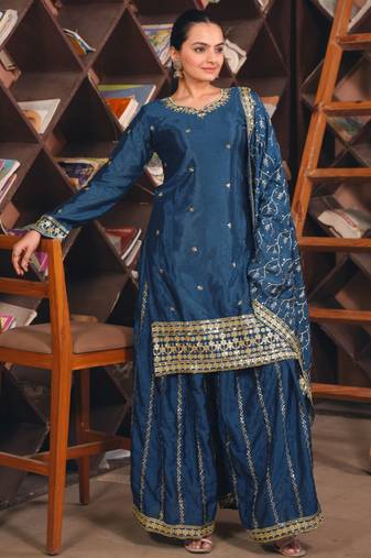 Teal festive wear designer chinon sequence embroidery work readymade suit