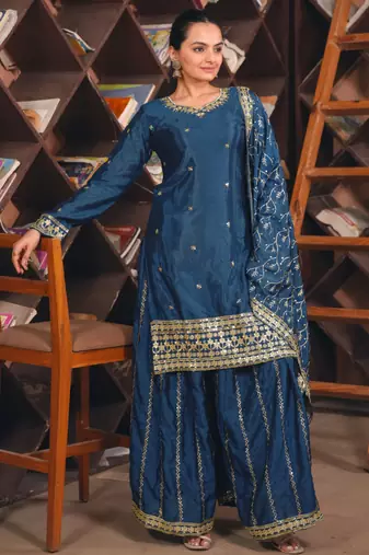 Teal festive wear designer chinon sequence embroidery work readymade suit