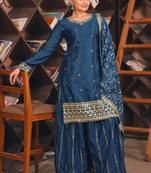 Teal festive wear designer chinon sequence embroidery work readymade suit