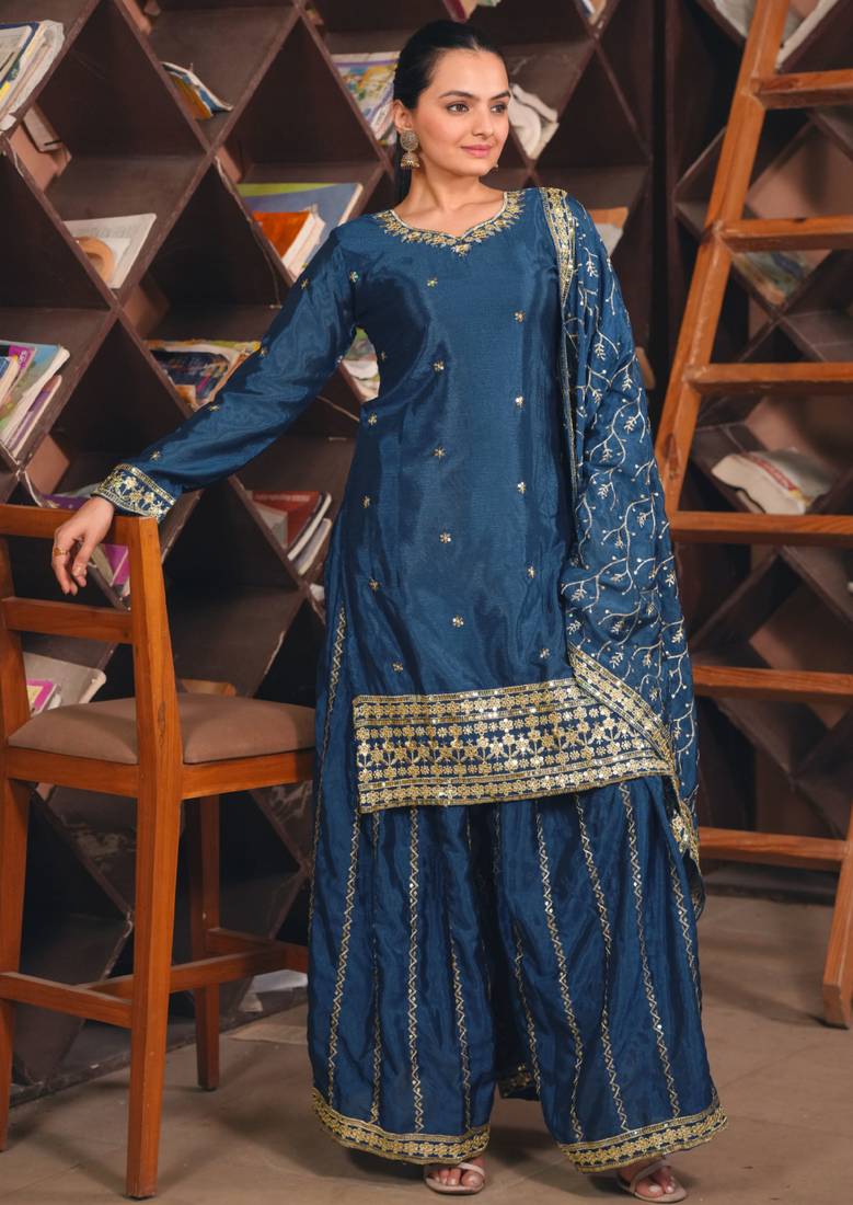 Teal festive wear designer chinon sequence embroidery work readymade suit