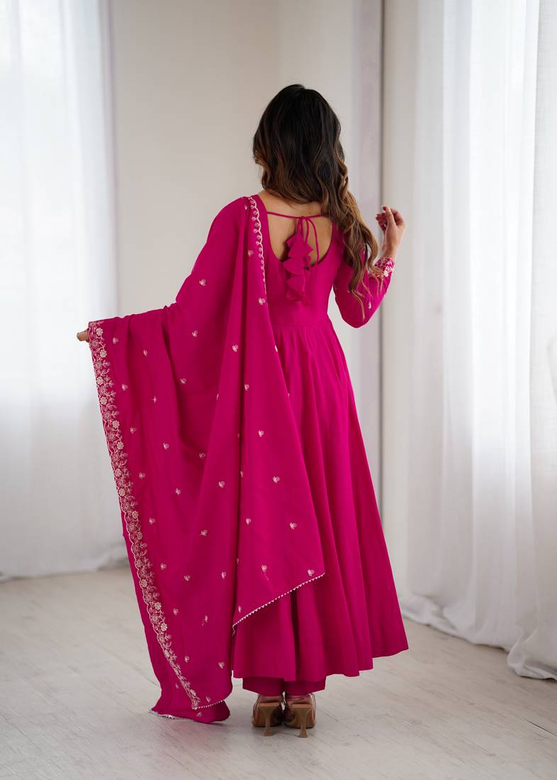 Rani pink festive wear designer heavy pure roman shimmer chanderi silk embroidery work readymade suit
