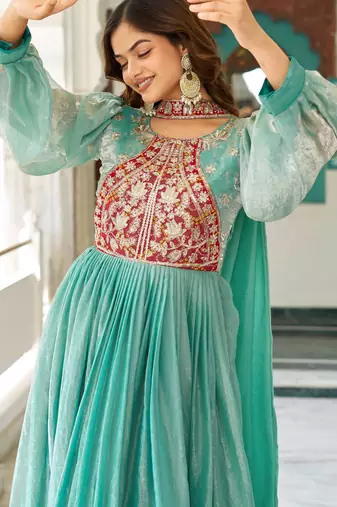 Sky blue festive wear designer fendy silk heavy sequence & thread embroidery work readymade suit