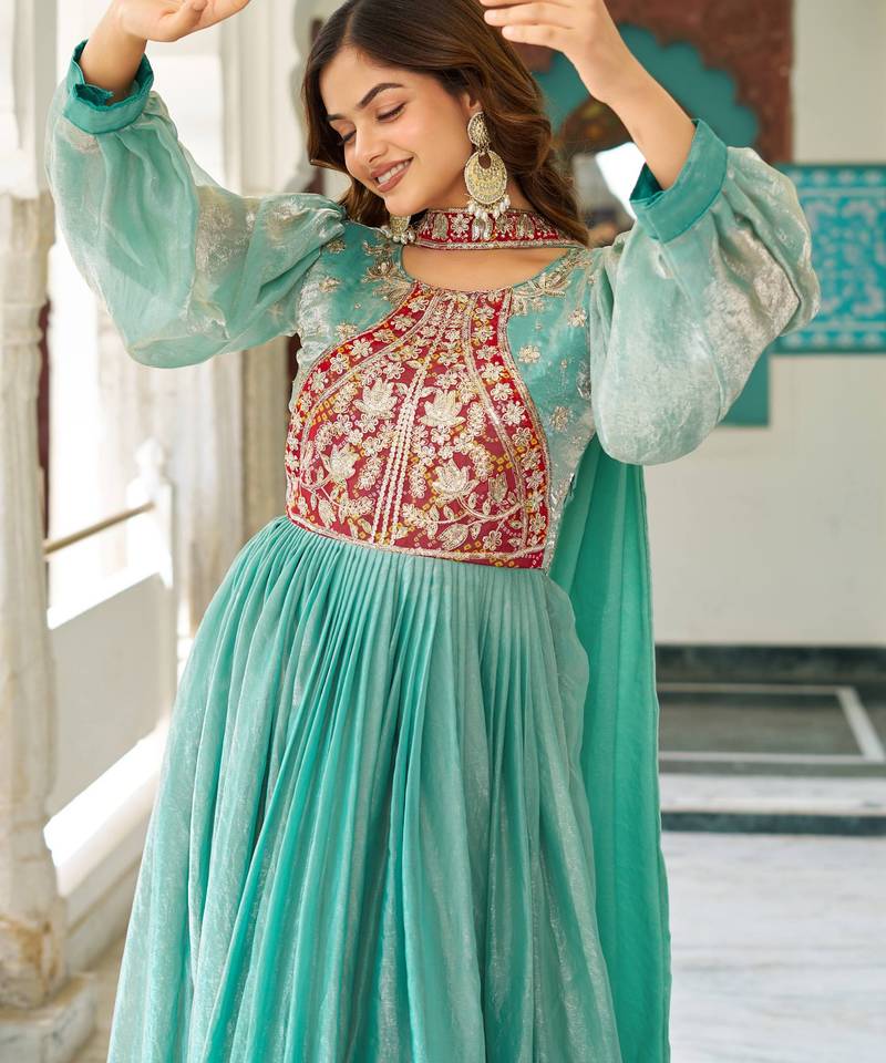 Sky blue festive wear designer fendy silk heavy sequence & thread embroidery work readymade suit