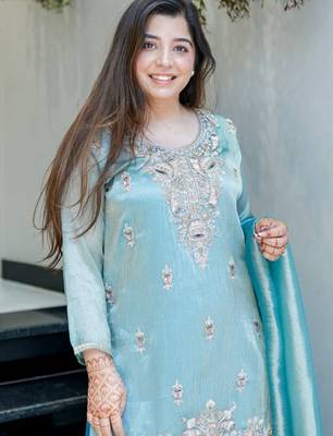 Sky blue festive wear designer pure jimmy choo silk embroidery sequence work readymade suit 3