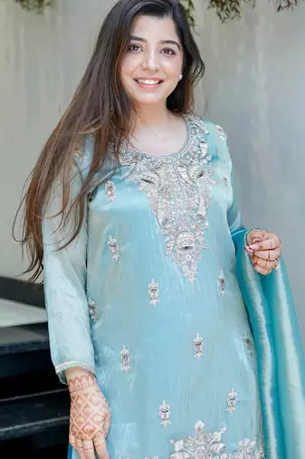 Sky blue festive wear designer pure jimmy choo silk embroidery sequence work readymade suit
