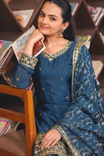 Teal festive wear designer chinon sequence embroidery work readymade suit