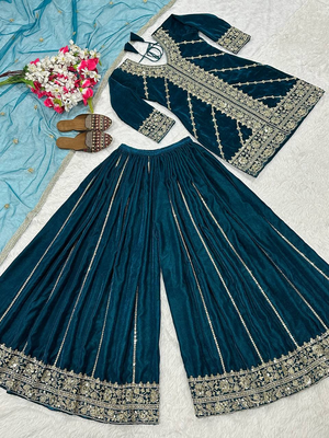Teal festive wear designer pure heavy viscose velvet heavy embroidery sequence work readymade suit 4
