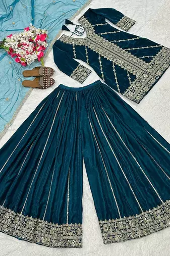 Teal festive wear designer pure heavy viscose velvet heavy embroidery sequence work readymade suit