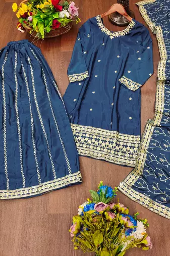 Teal festive wear designer chinon sequence embroidery work readymade suit