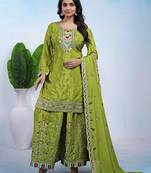 Parrot green festive wear designer chinon coding sequence embroidery work readymade suit