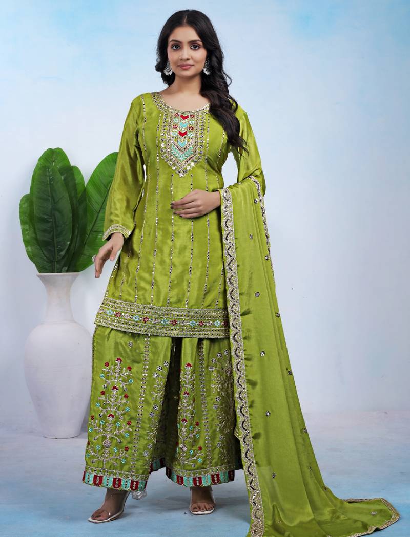 Parrot green festive wear designer chinon coding sequence embroidery work readymade suit