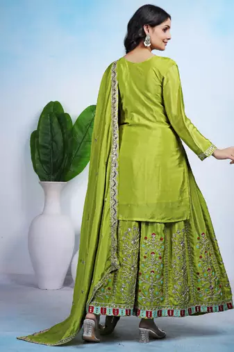 Parrot green festive wear designer chinon coding sequence embroidery work readymade suit