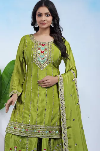 Parrot green festive wear designer chinon coding sequence embroidery work readymade suit