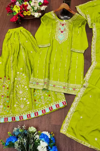 Parrot green festive wear designer chinon coding sequence embroidery work readymade suit
