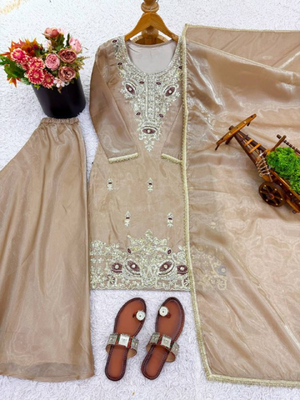 Beige festive wear designer pure jimmy choo silk embroidery sequence work readymade suit 4