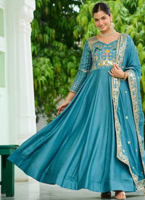 Blue festive wear designer vichitra silk sequins, multi thread & zari embroidered work readymade suit 1