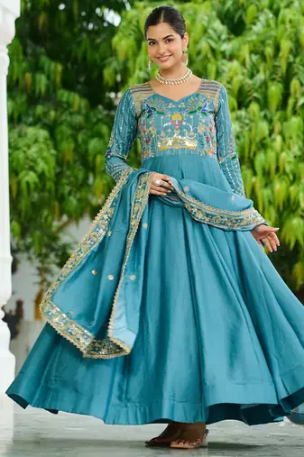 Blue festive wear designer vichitra silk sequins, multi thread & zari embroidered work readymade suit