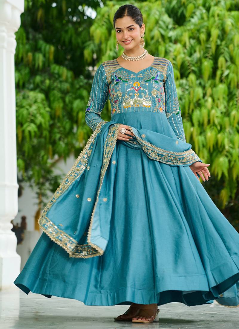 Blue festive wear designer vichitra silk sequins, multi thread & zari embroidered work readymade suit