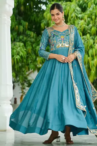 Blue festive wear designer vichitra silk sequins, multi thread & zari embroidered work readymade suit