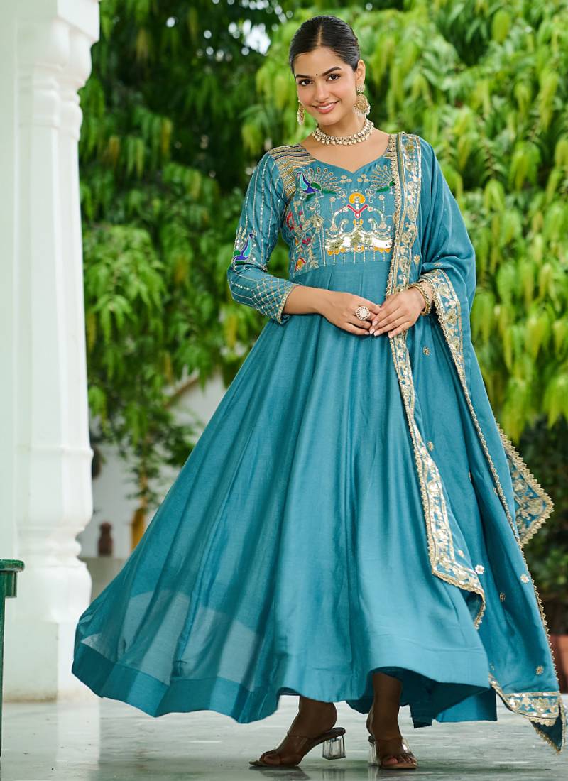 Blue festive wear designer vichitra silk sequins, multi thread & zari embroidered work readymade suit