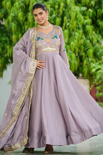 Lavender festive wear designer vichitra silk sequins, multi thread & zari embroidered work readymade suit