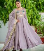Lavender festive wear designer vichitra silk sequins, multi thread & zari embroidered work readymade suit