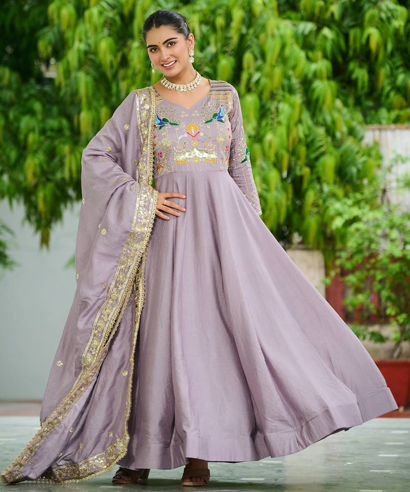 Lavender festive wear designer vichitra silk sequins, multi thread & zari embroidered work readymade suit