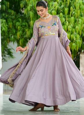 Lavender festive wear designer vichitra silk sequins, multi thread & zari embroidered work readymade suit 2