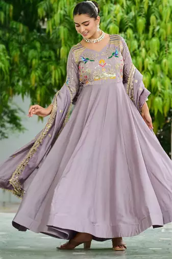 Lavender festive wear designer vichitra silk sequins, multi thread & zari embroidered work readymade suit