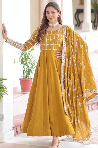 Yellow festive wear designer nc vichitra sequins & zari embroidered work readymade suit