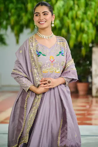Lavender festive wear designer vichitra silk sequins, multi thread & zari embroidered work readymade suit