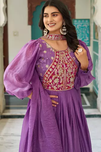 Lavender festive wear designer fendy silk heavy sequence & thread embroidery work readymade suit