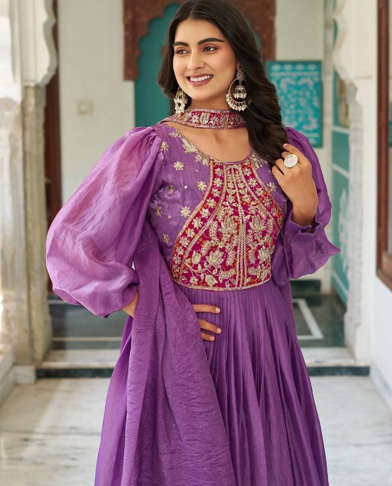Lavender festive wear designer fendy silk heavy sequence & thread embroidery work readymade suit