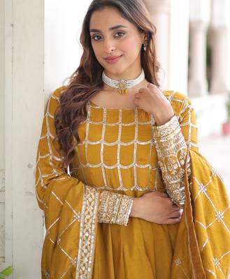 Yellow festive wear designer nc vichitra sequins & zari embroidered work readymade suit 2