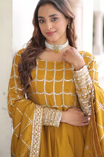 Yellow festive wear designer nc vichitra sequins & zari embroidered work readymade suit