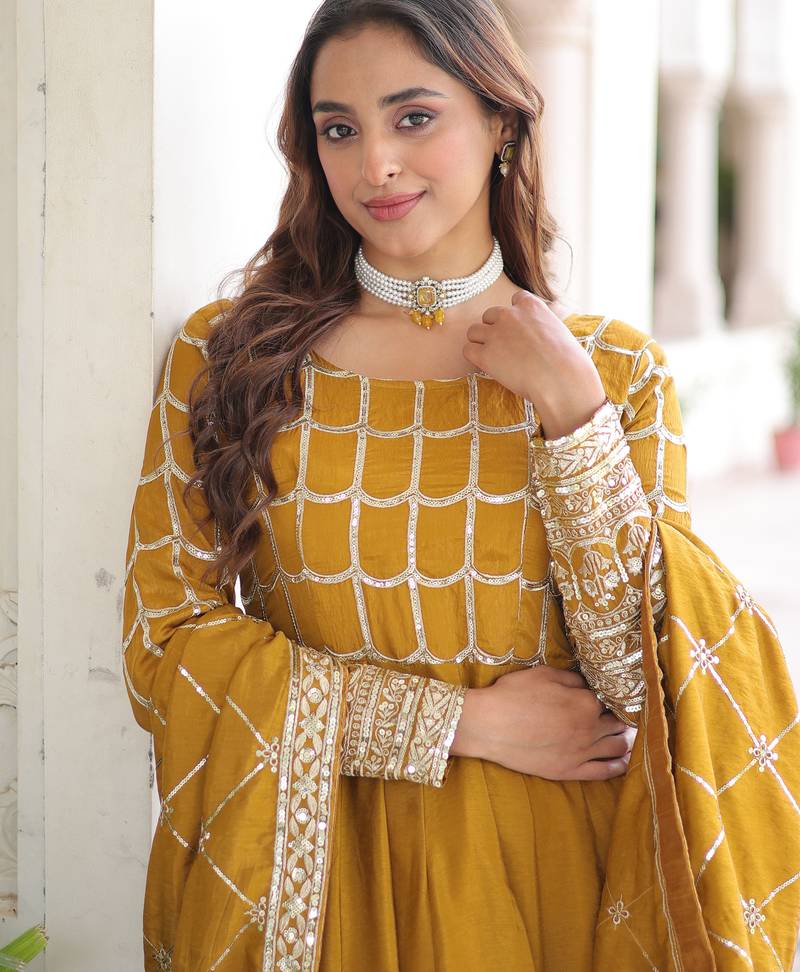 Yellow festive wear designer nc vichitra sequins & zari embroidered work readymade suit