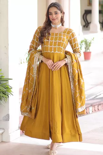Yellow festive wear designer nc vichitra sequins & zari embroidered work readymade suit